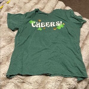 Green Shirt with 'Cheers!' Print